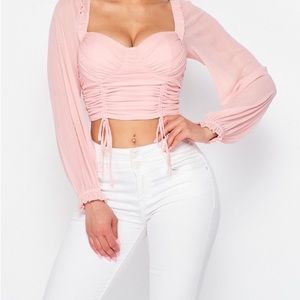 Mesh top with strings detail.